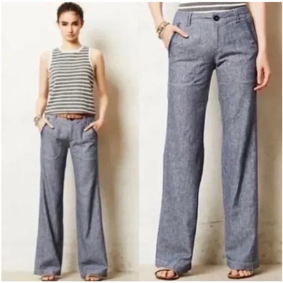 Anthropologie Pilcro Linen Blend Wide Leg Pants Chambray 10 Trousers Gray Blue - Picture 2 of 6